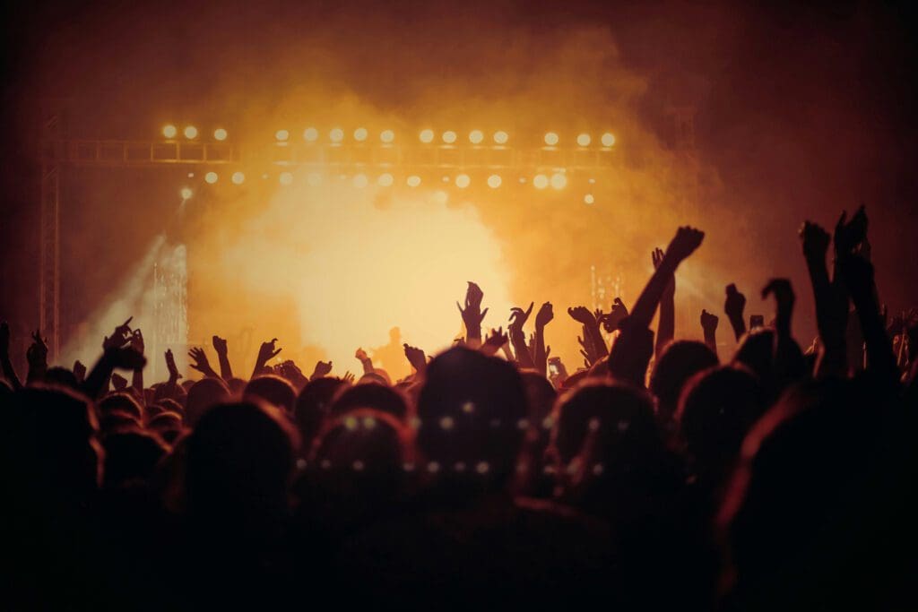 A crowd at a concert with their hands in the air