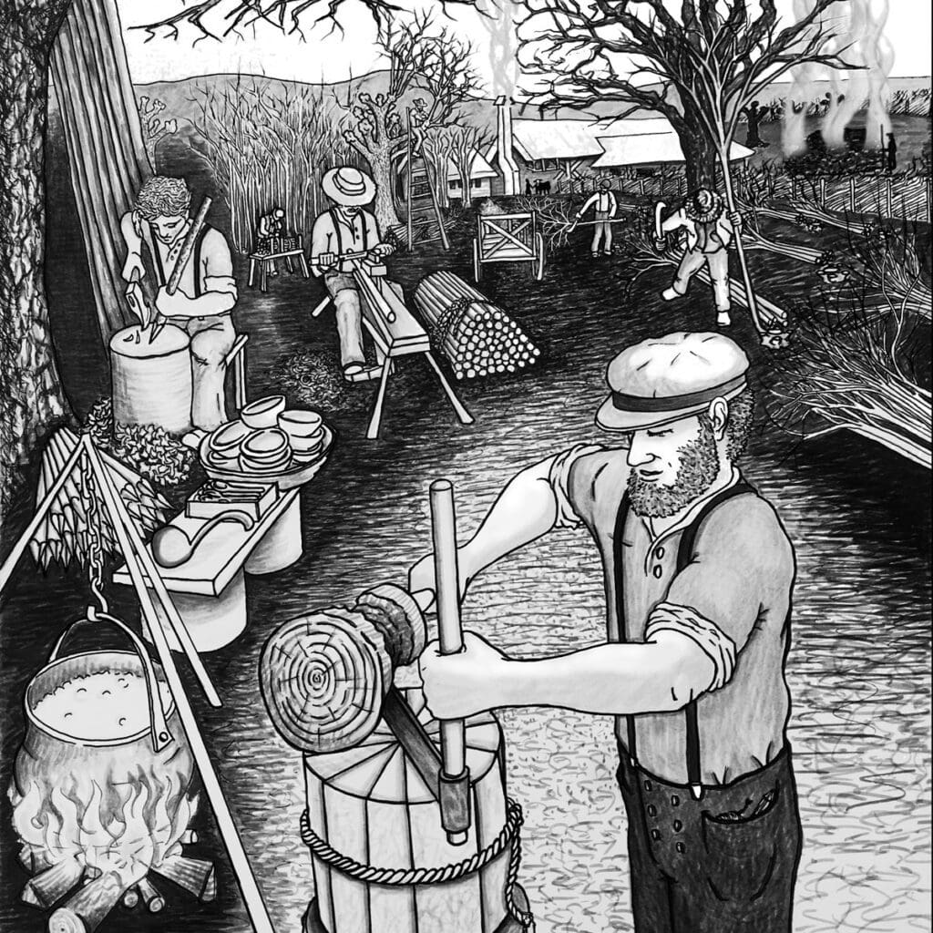 Illustration of a man using traditional woodland-working tools as a way of life and livelihood.