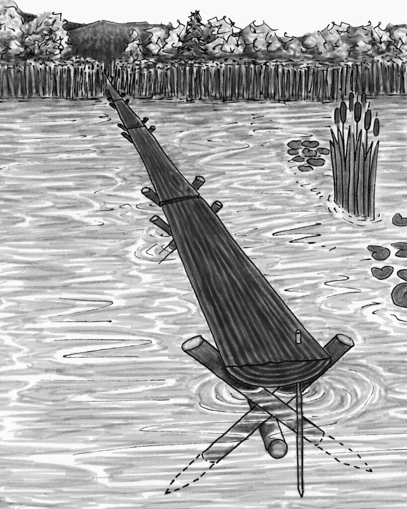 Illustration of the Sweet Track, an elevated walkway fashioned using oak planks and coppice-derived stakes that connected hilltop settlements in this seasonally inundated lowland habitat.