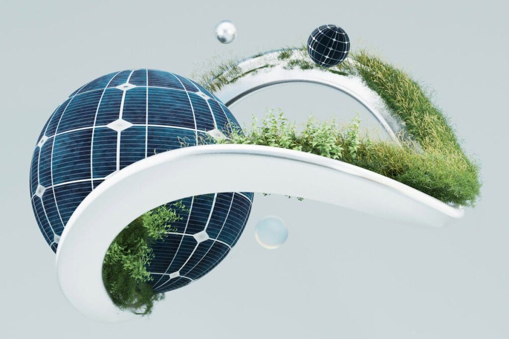 A representation of the world and another small ball connected through a curving path of grass and shrubbery.