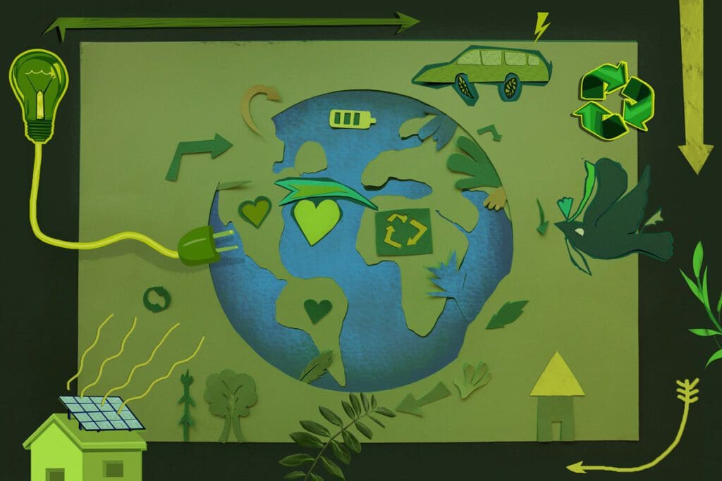 A colored illustration of the world and eco-friendly designs.