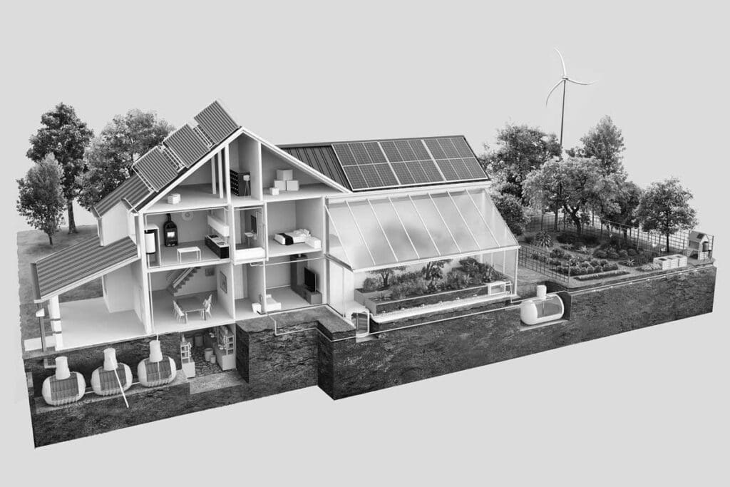 A model of a resilient property located in a cold climate. The water, energy, and food systems include redundancy and can be described as efficient, productive, appropriate, and interconnected. Credit: Verge Permaculture/ S. Andrei ]