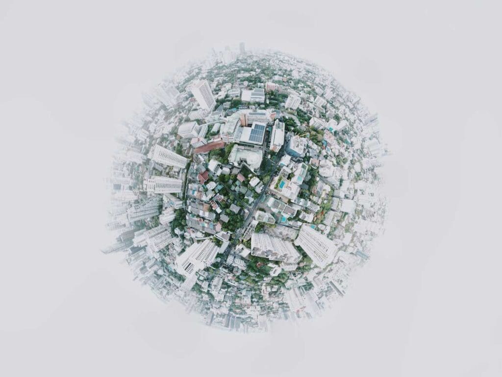 Spherical photo of a city.