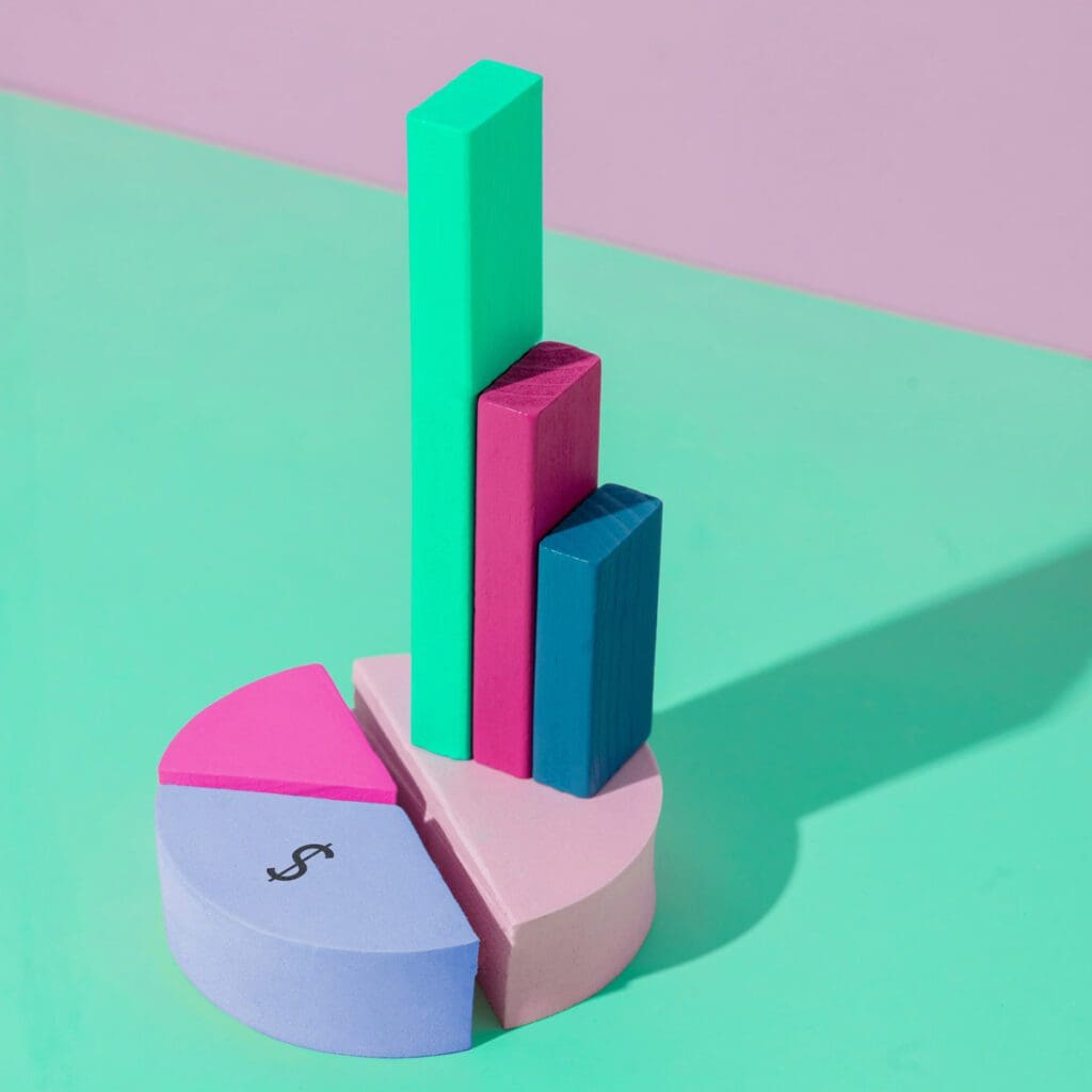 A 3D representation of a pie chart with a money symbol sits with a bar graph on top.