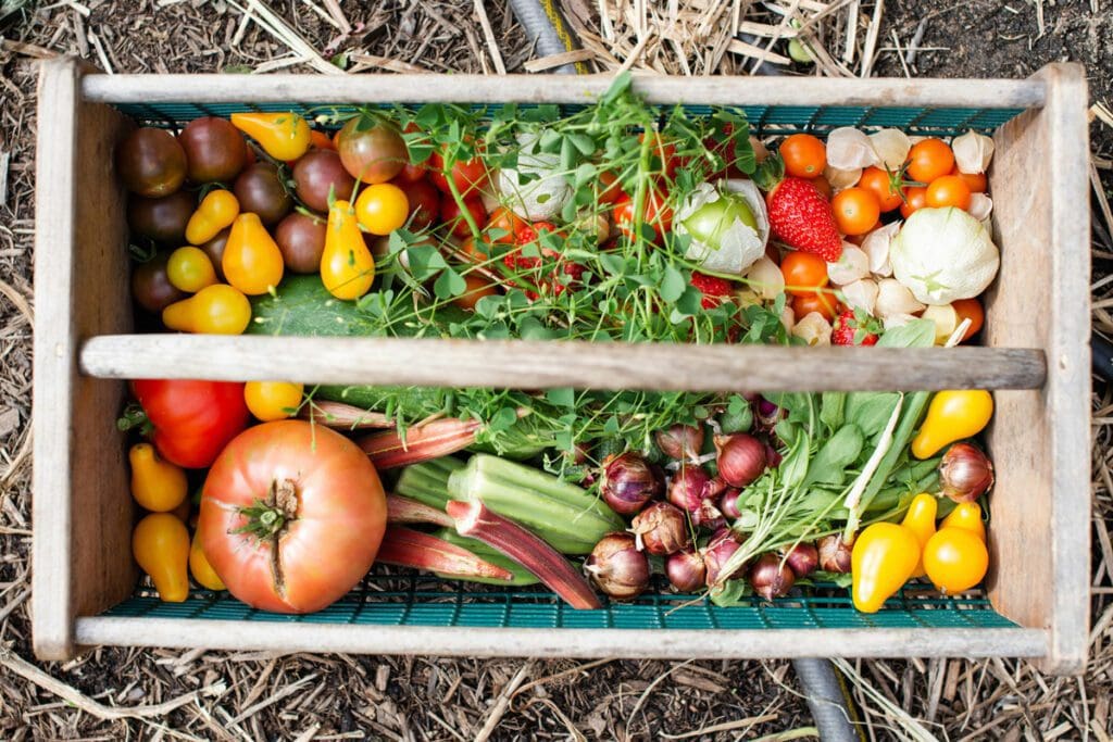 Assorted fruits and small vegetables in a wooden crate.