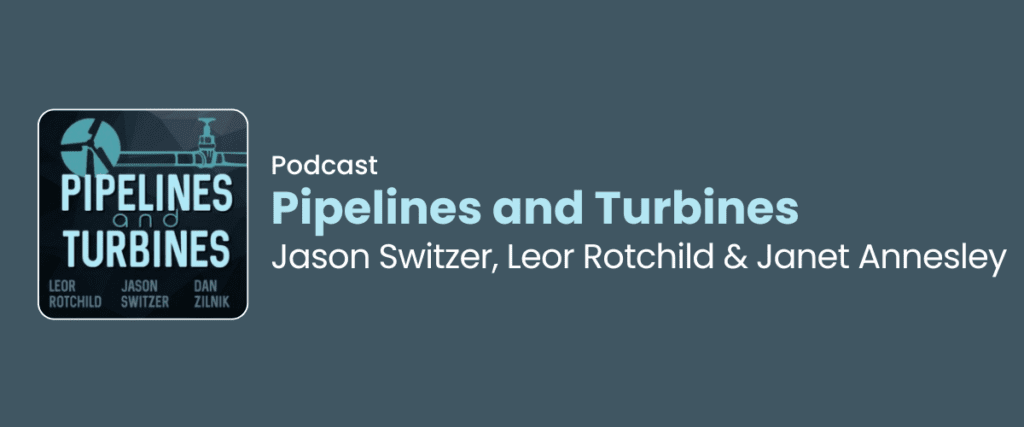 Illustrated graphic with pipelines and turbines (podcast image) with hosts' names.