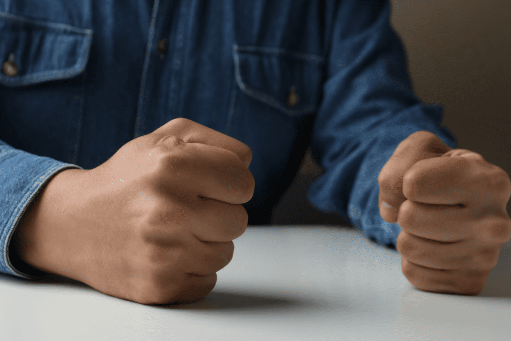A man beats two fists on a table.