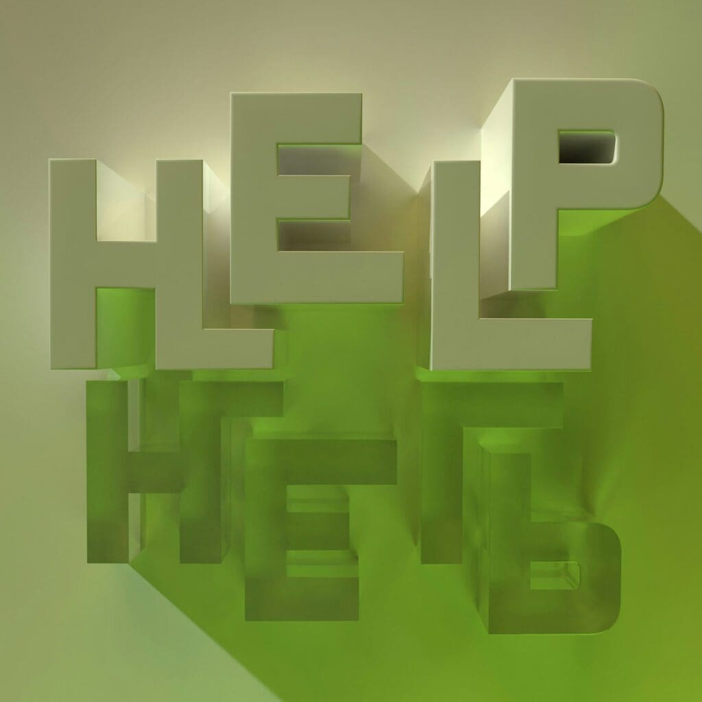 Product "allison-saeng-A0pqXuvlDRY-unsplash" features 3D typography artwork with the word "HELP" in English at the top and its Cyrillic equivalent mirrored below. Both words are rendered in a shiny, metallic grey over a green background that symbolizes environmental impact, and their shadows blend seamlessly into the backdrop.