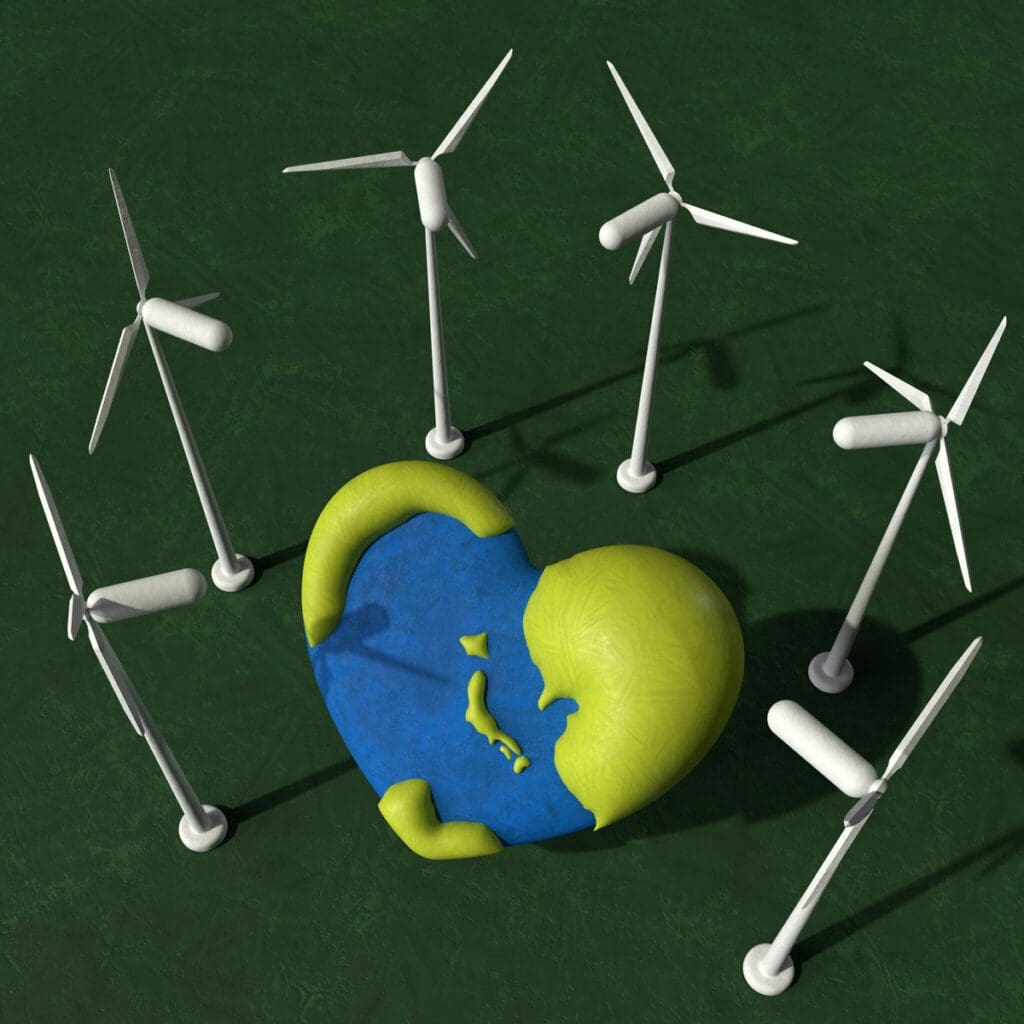 A representation titled "allison-saeng-IQVL6gAmkl8-unsplash" features a heart-shaped Earth with green land and blue water, encircled by six white wind turbines. A dark green backdrop accentuates the pressing battle against climate change, underscoring the crucial need for authentic environmental preservation.