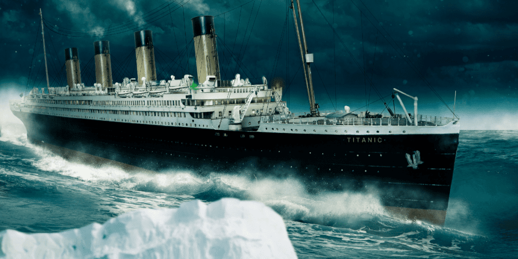 The Titanic navigates the stormy seas near a towering iceberg.