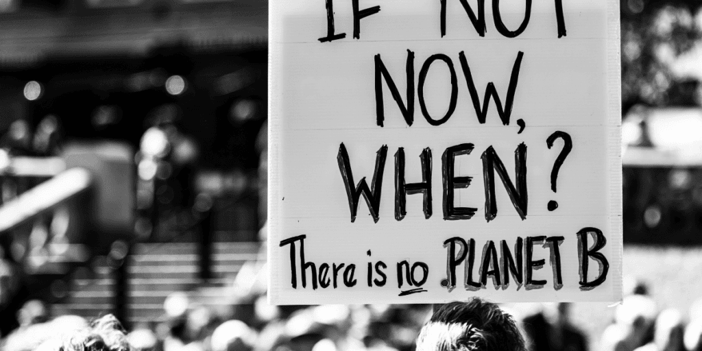 A protest sign reads "If not now, when? Embracing systemic change is our path to a better future. There is no Planet B.