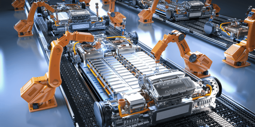 Robotic arms, like invisible chains of precision and efficiency, assemble electric vehicle batteries on a production line.