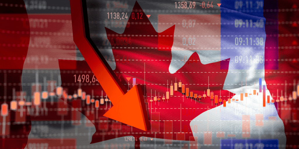 Canadian flag and financial data in the background symbolize economic challenges, echoing struggles familiar to low-income nations.