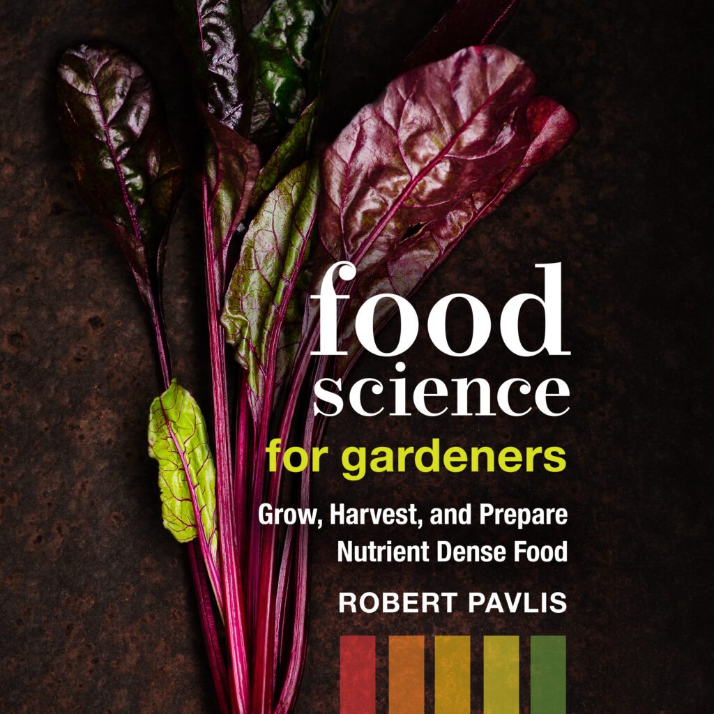 A vibrant Swiss chard adorns the cover of the audiobook "Food Science for Gardeners" by Robert Pavlis, merging horticultural wisdom with culinary insight.