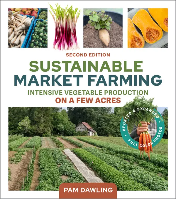 Cover of "Sustainable Market Farming, Second Edition" book, showcasing colorful images of fresh vegetables set against a scenery of verdant farm fields.