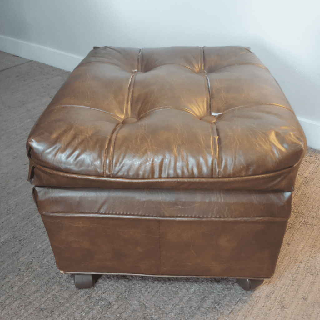 Discover a stylish way to save money with our brown leather ottoman featuring elegant button tufting, perfectly accentuating your carpeted floor.