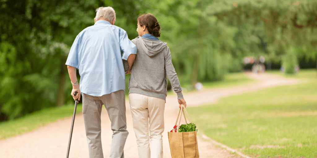 An elderly man with a cane and a woman walk on a park path, carrying a grocery bag, embodying the spirit of Giving Back as they prepare to contribute to the community on Giving Tuesday.