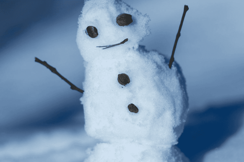A small snowman with twig arms and stone eyes stands proudly on the snowy surface, a perfect addition to family activities during the holidays.