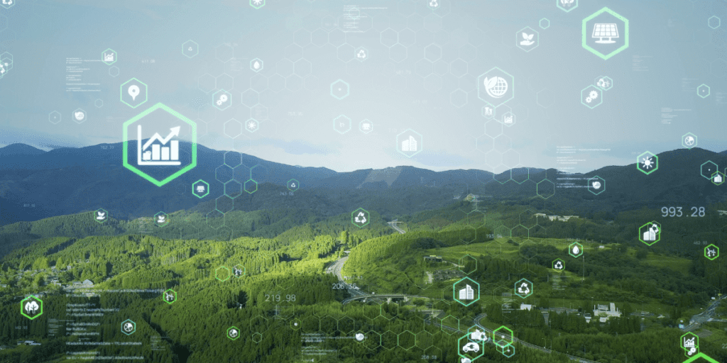 Digital icons overlay a lush green landscape with mountains in the background, highlighting the harmony of sustainability.