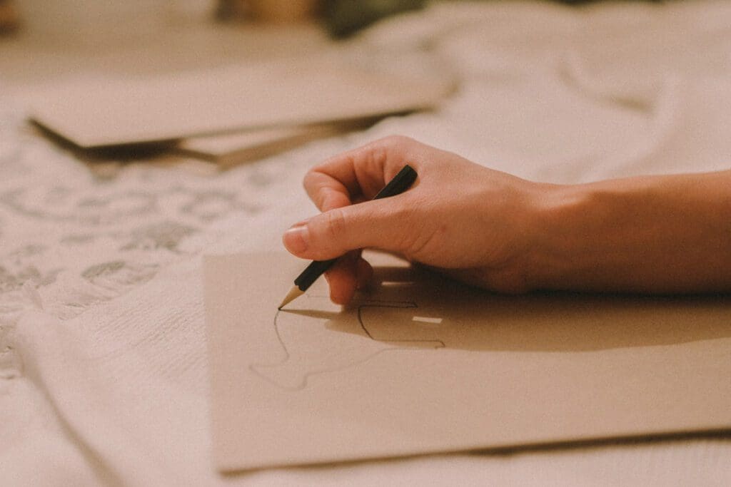 A hand sketching on brown paper with a pencil captures the essence of the Forever Forest, drawing inspiration from nature on a textured surface.