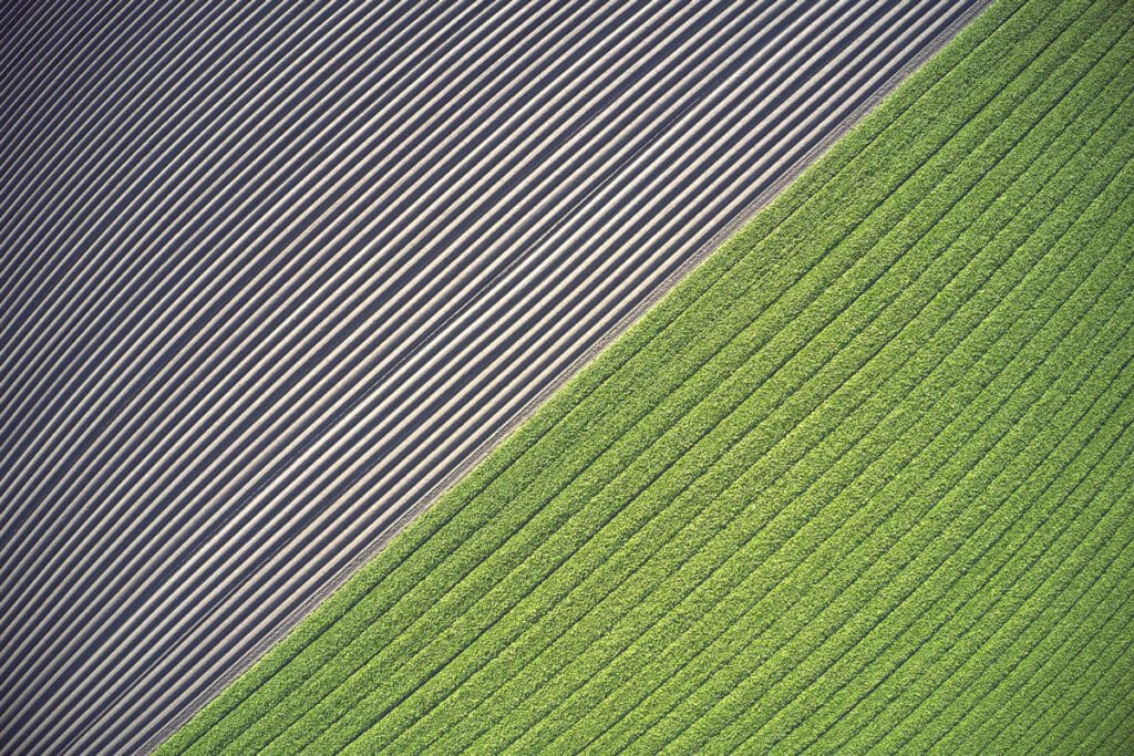 An aerial view reveals a healthy landscape with a stark contrast between plowed fields and vibrant green crops, divided diagonally.