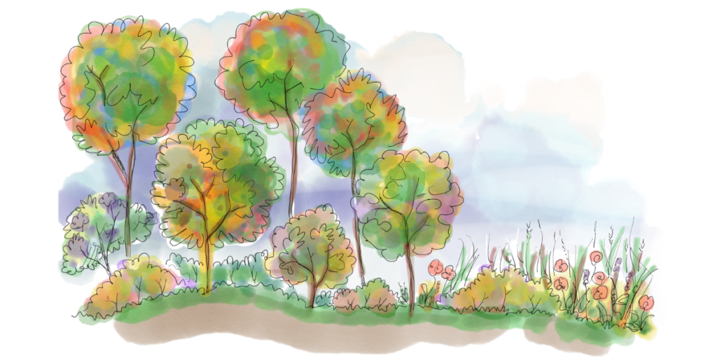 An illustrated concept of an edible laneway with fully grown trees, plants, and flowers under a cloud-filled sky.