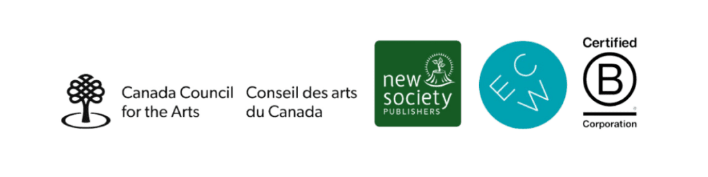 Logos of Canada Council for the Arts, New Society Publishers, ECW, and Carbon Footprint awareness.