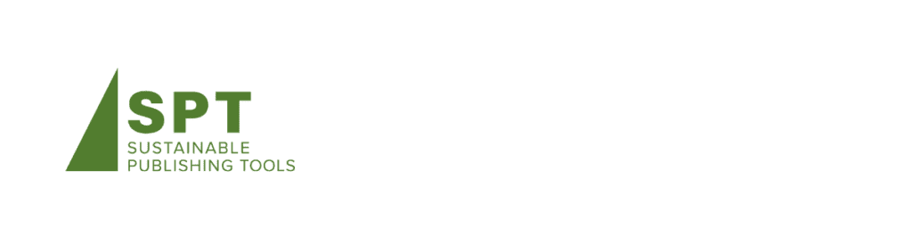 Logo with green triangle, "SPT," and "Sustainable Publishing Tools" text in green to cut carbon footprint.