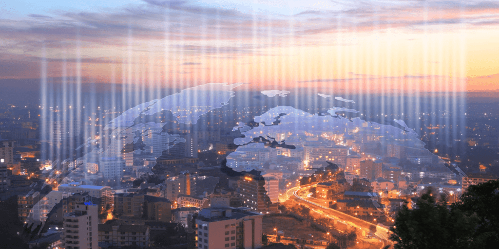 Cityscape at dusk with illuminated roads and a globally connected world map overlay.