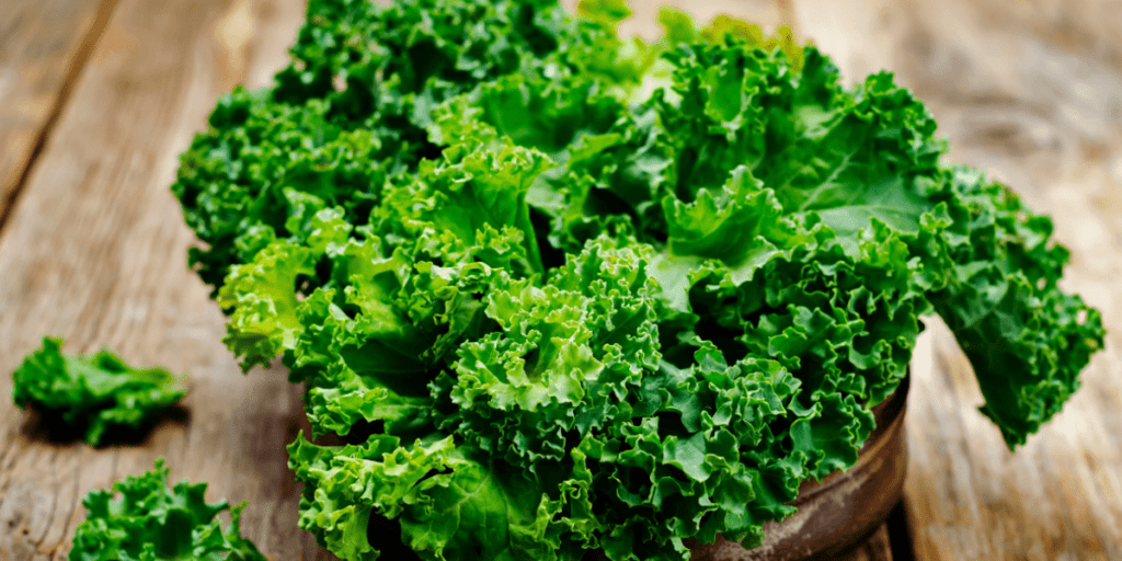 Hardy green kale leaves in a bowl on a rustic wooden surface.