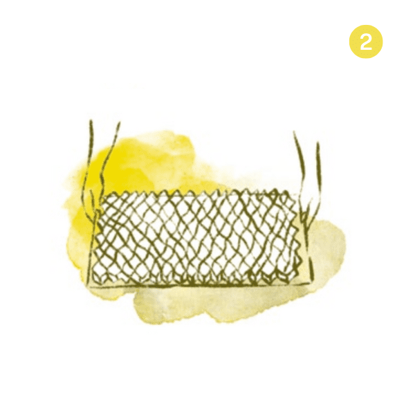 Two hands hold a wire mesh for the Paperpot System with a yellow background and number 2.