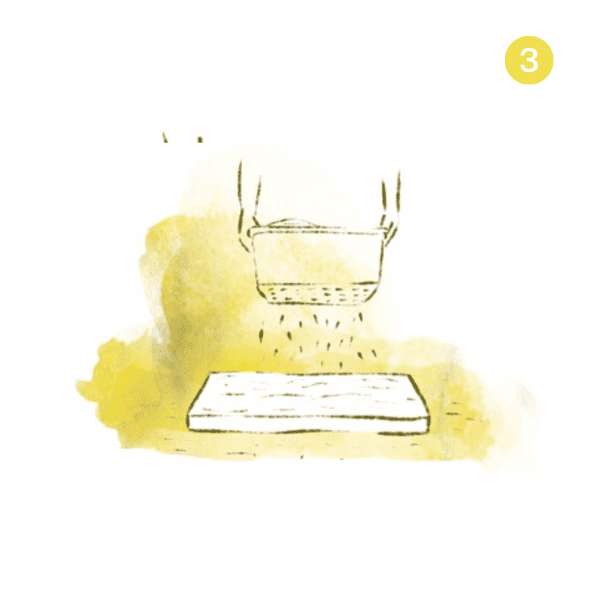 A bowl sifting ingredients onto a cutting board with a yellow background, Market Gardener guide, step 3.