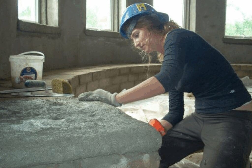 Woman in a blue hard hat smoothing wet hempcrete.