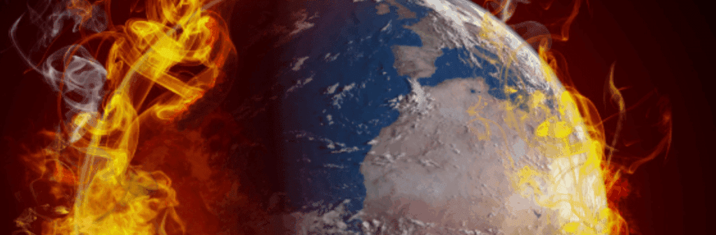 Earth engulfed in flames, highlighting climate change and threats to Earth habitability.