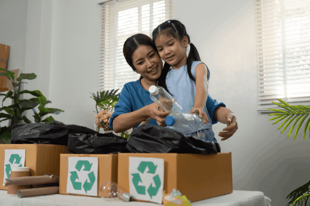 A woman and child sort plastic bottles, taking imperfect solutions in a warming world.