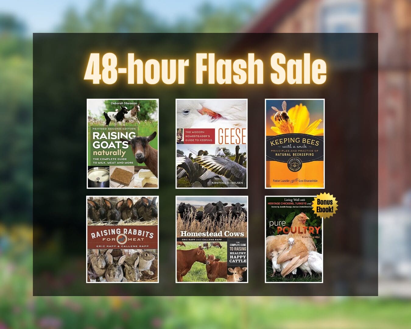 Six homesteading skills book covers with "48-hour Flash Sale" on a blurred background.